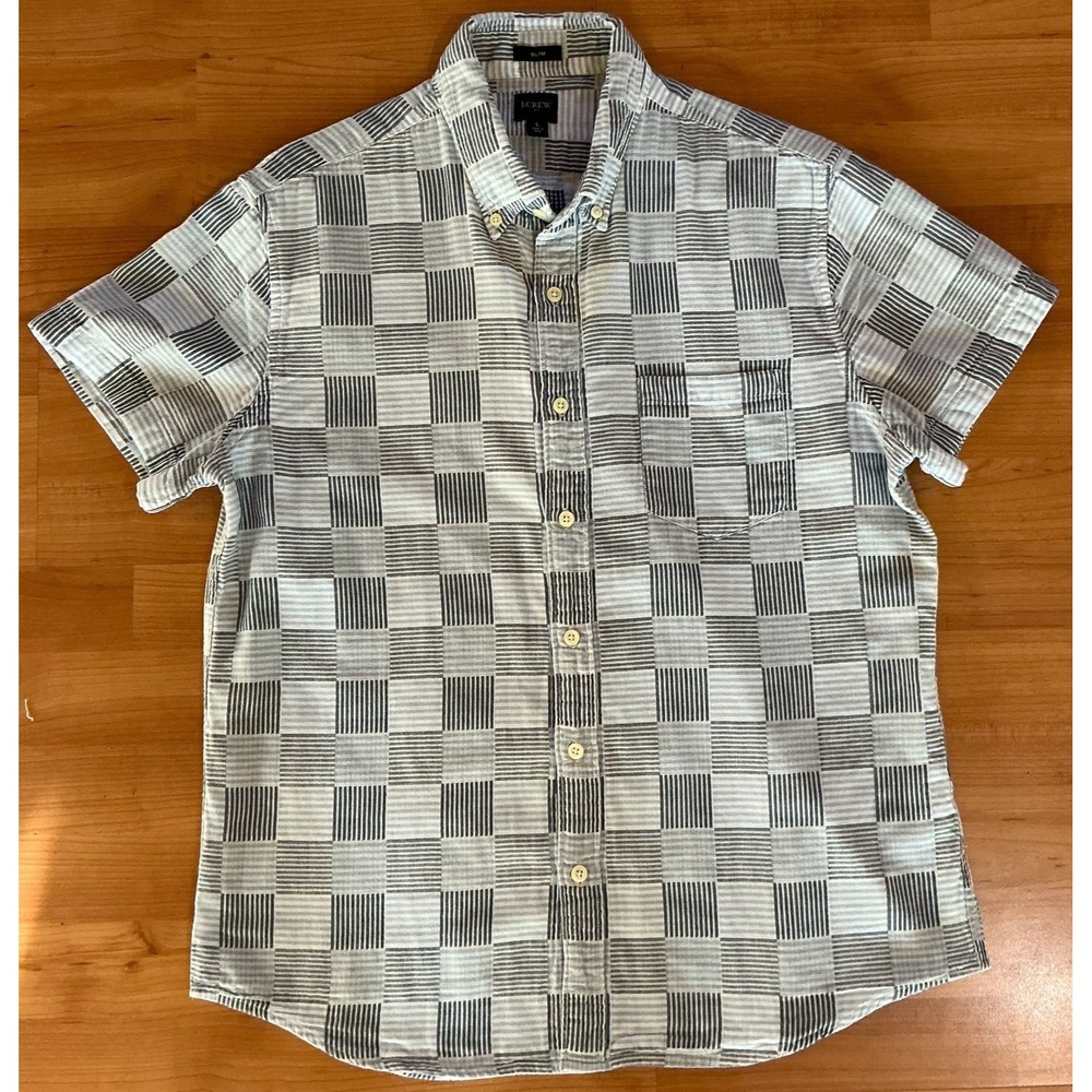 J Crew Slim Fit L Geometric Short Sleeve Button‎ Down Shirt Black White Cotton